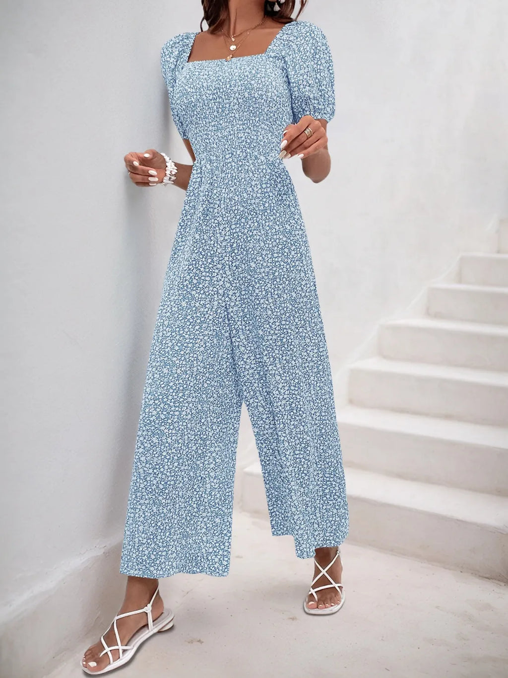Printed Square Neck Puff Sleeve Jumpsuit - Modanista Fashion