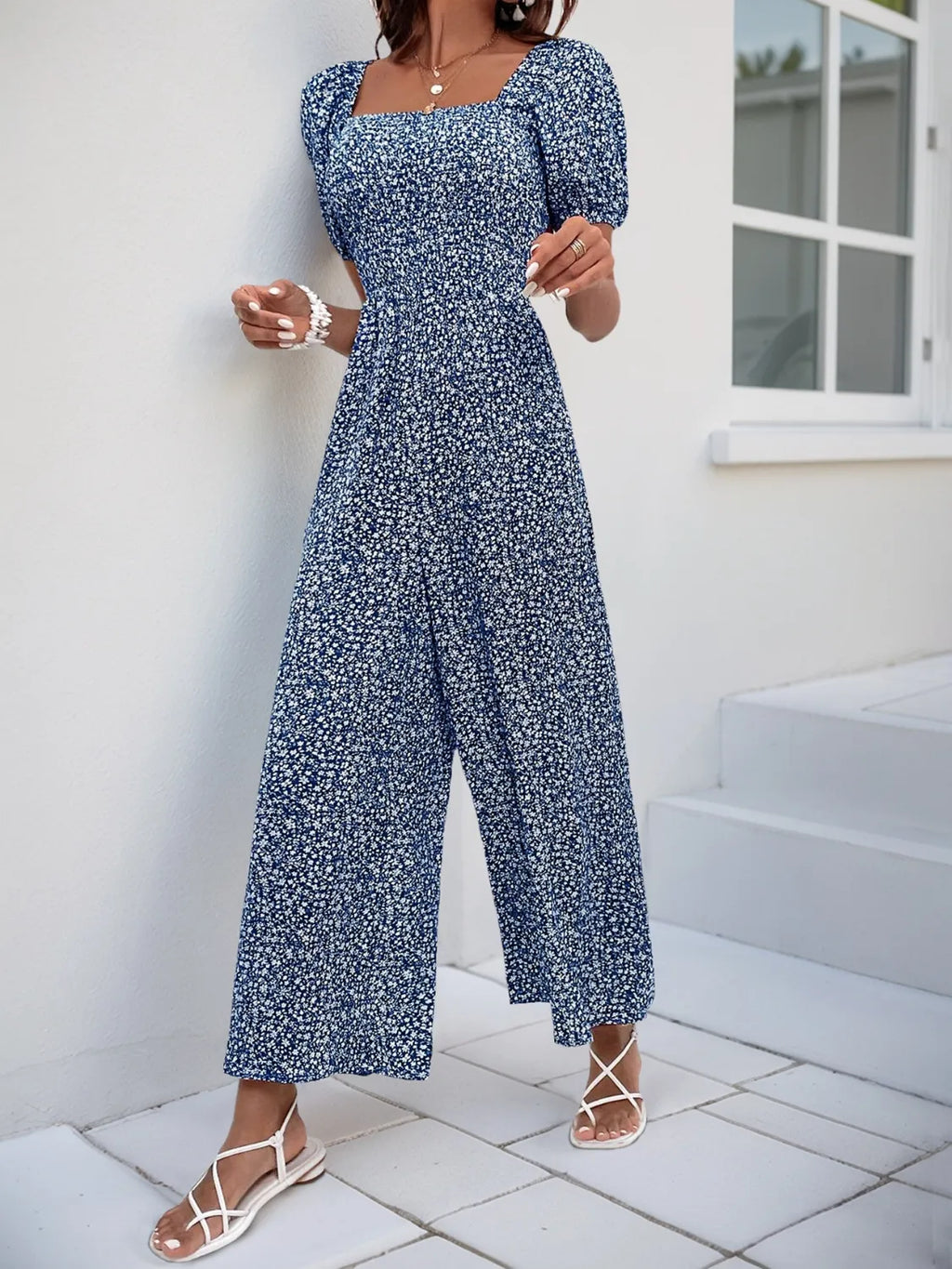 Printed Square Neck Puff Sleeve Jumpsuit - Modanista Fashion