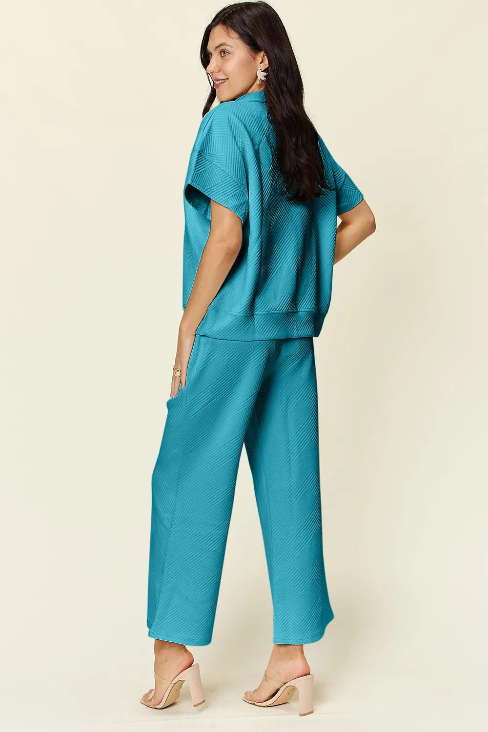 Double Take Full Size Texture Half Zip Short Sleeve Top and Pants Set - Modanista Fashion