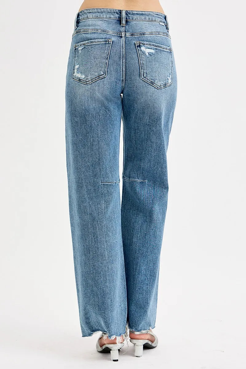 RISEN Full Size Mid Rise Fit Wide Baggy Leg Tie Washed Jeans Plus Size - Modanista Fashion