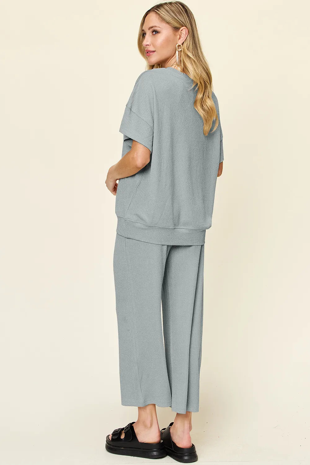 Double Take Full Size Texture Round Neck Short Sleeve T-Shirt and Wide Leg Pants - Modanista Fashion