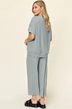 Double Take Full Size Texture Round Neck Short Sleeve T-Shirt and Wide Leg Pants - Modanista Fashion