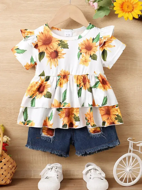 Children's Sunflower Ruffled Short Sleeve Top and Shorts Set - Modanista Fashion