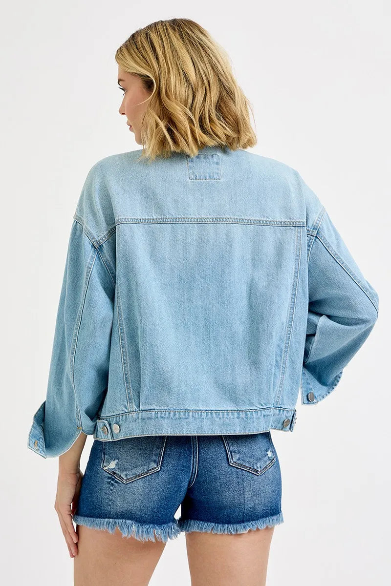 RISEN Washed Dropped Shoulder Denim Jacket - Modanista Fashion