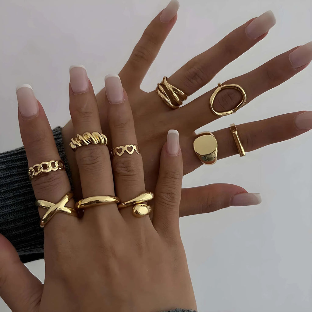 10-Piece Alloy Geometric Ring Set for Women - Modanista Fashion