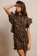 BiBi Leopard Print Waffle Texture Layered Ruffle Sleeve Top and Shorts Set - Modanista Fashion