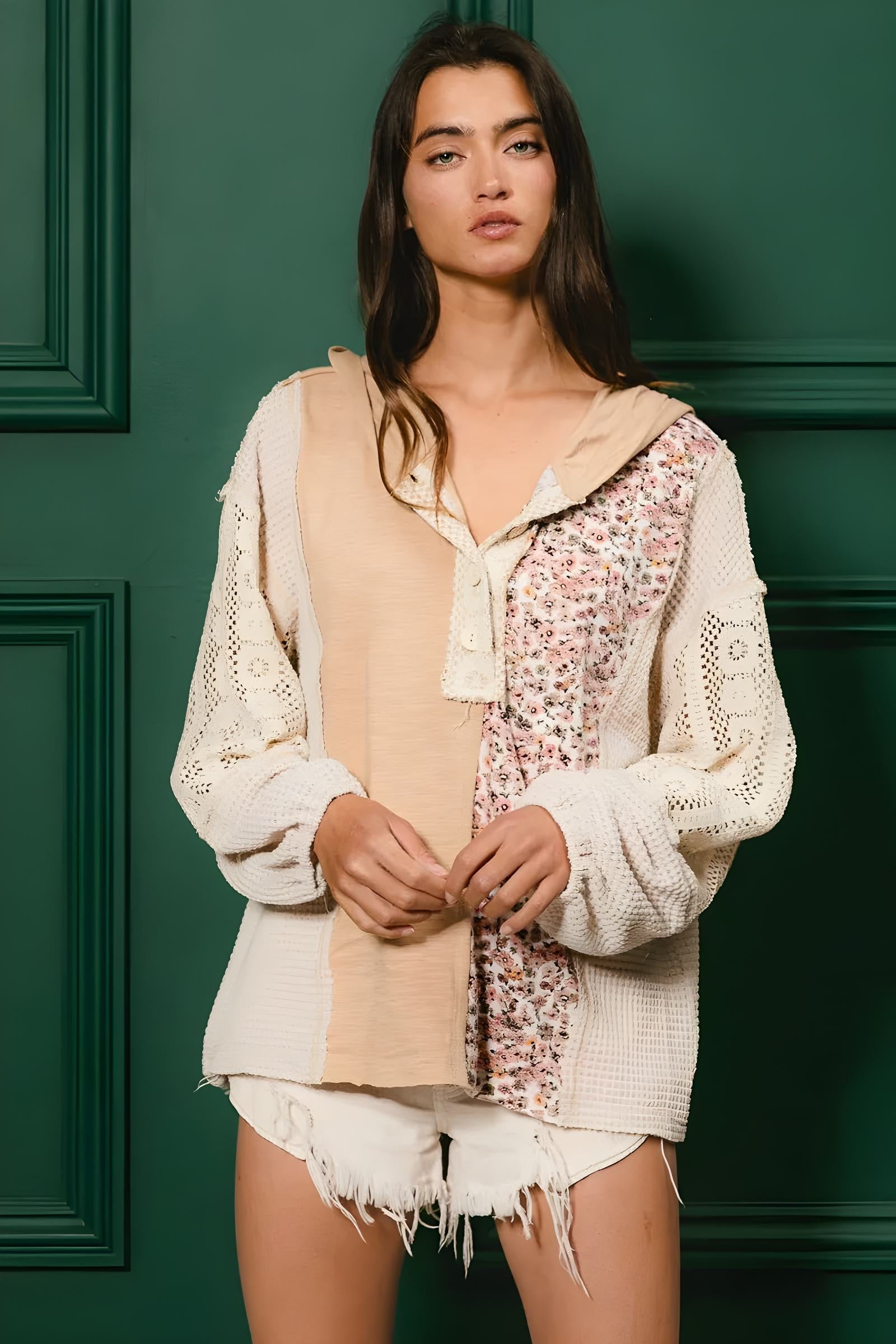 BiBi Slub Jersey with Lace Combo Buttoned Hoodie Top