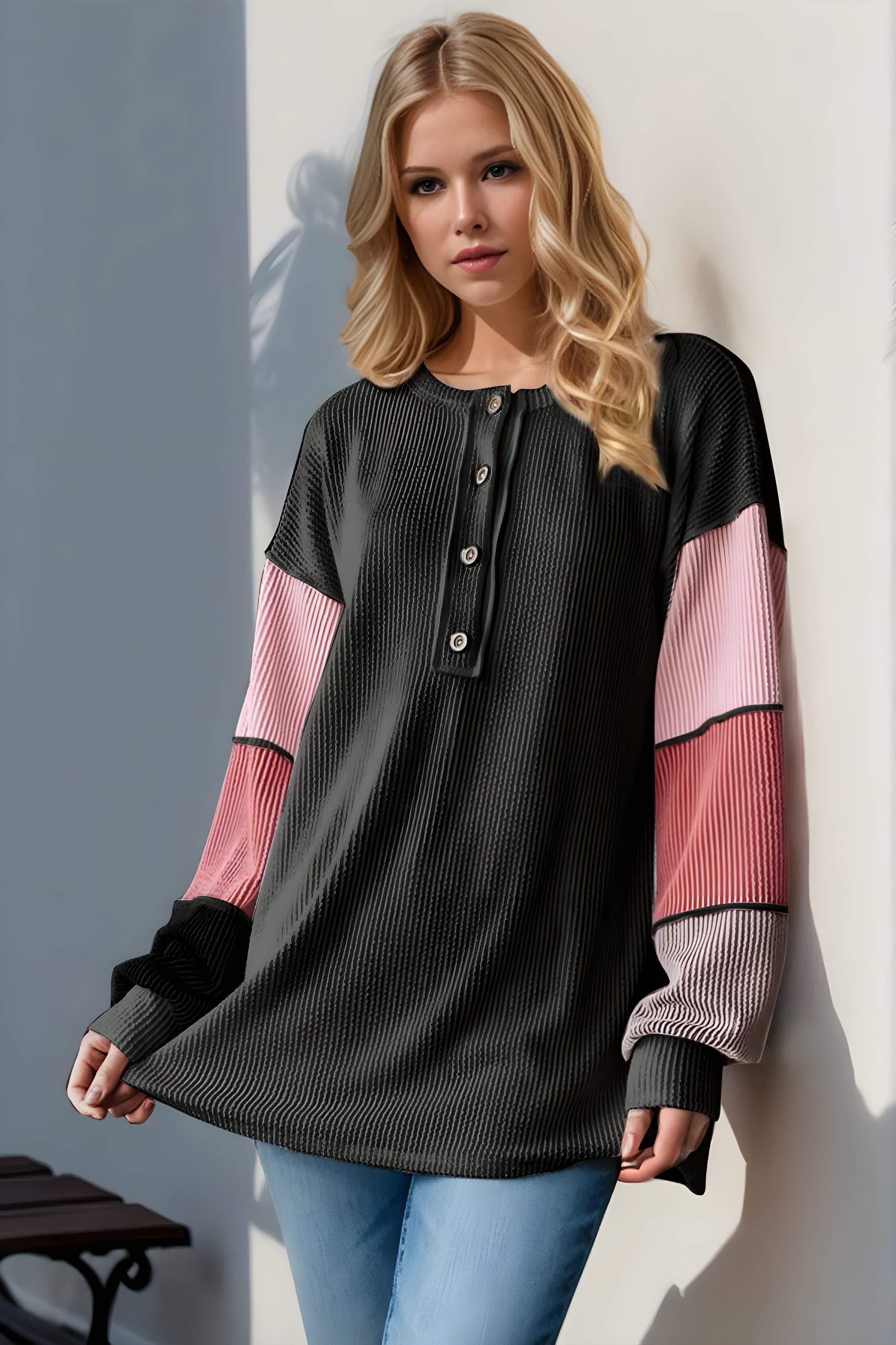 Full-Size Color Block Round Neck Long Sleeve T-Shirt