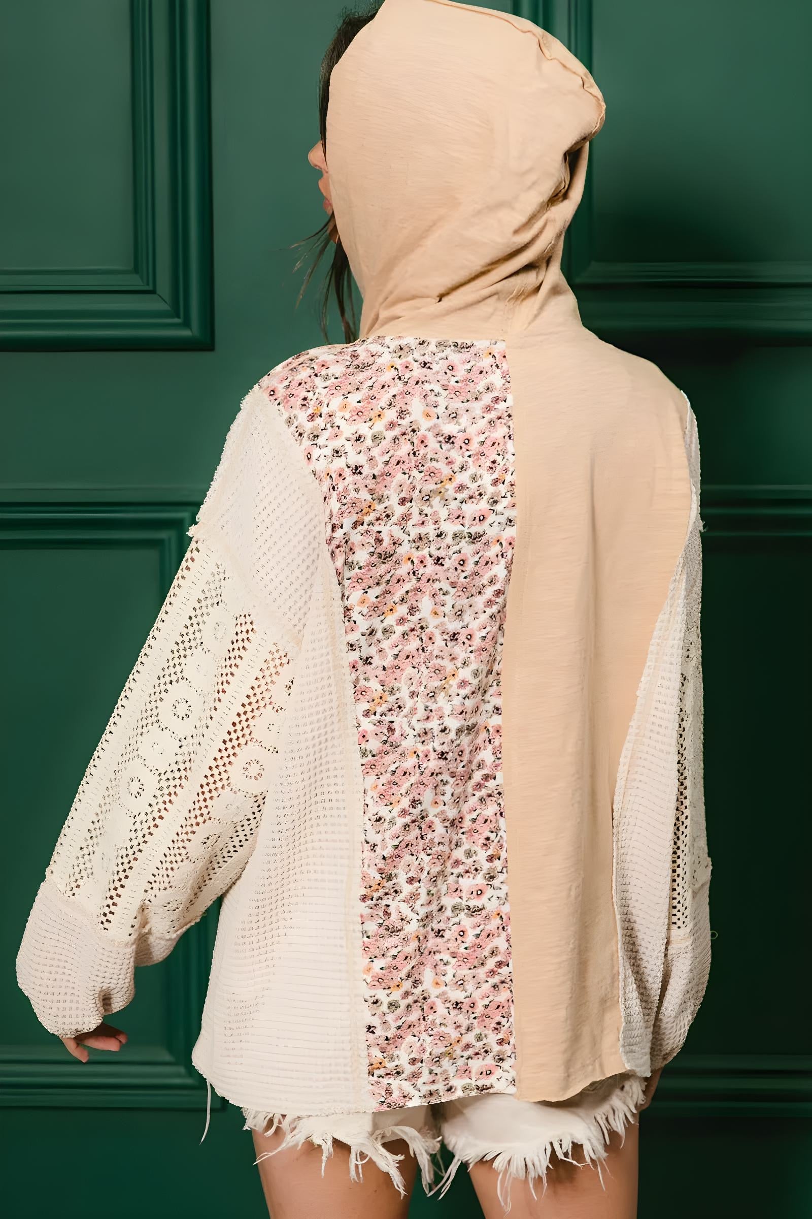 BiBi Slub Jersey with Lace Combo Buttoned Hoodie Top