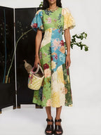 Rochie cu mânecă cu mânecă cu gât rotund imprimat