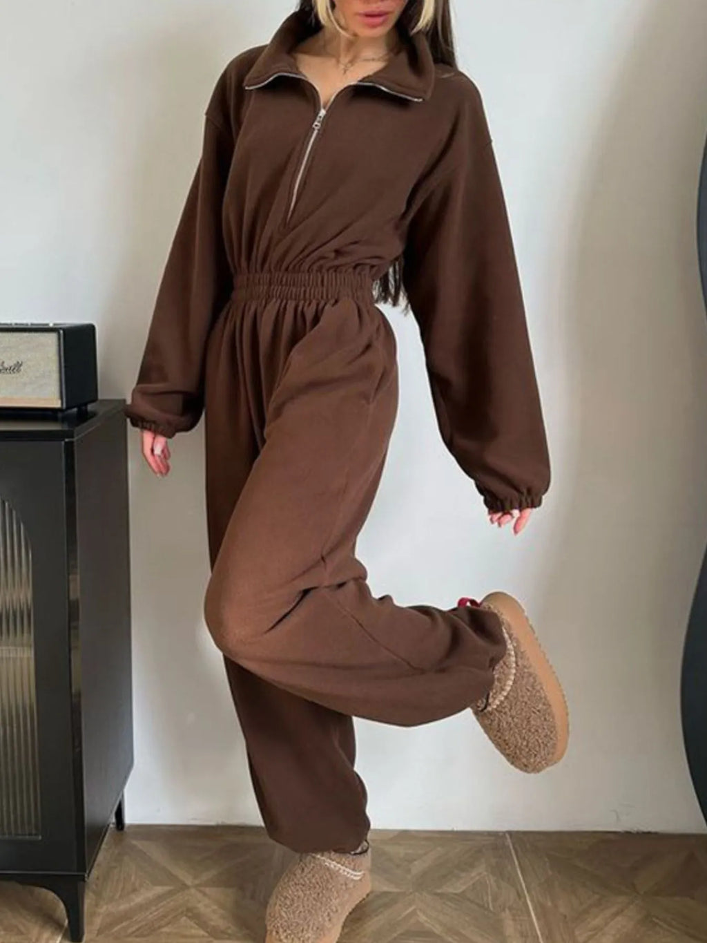 Zip Front Long Sleeve Jumpsuit - Modanista Fashion