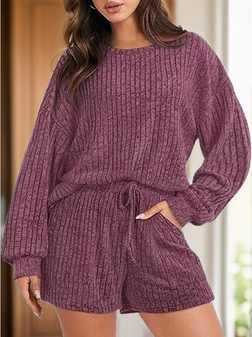 Round Neck Dropped Shoulder Top and Shorts Set - Modanista Fashion