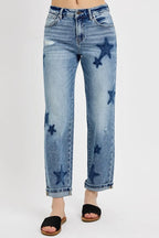 RISEN Full Size Mid Rise Boyfriend Star Shadow Detail Cuffed Jeans Plus Size - Modanista Fashion