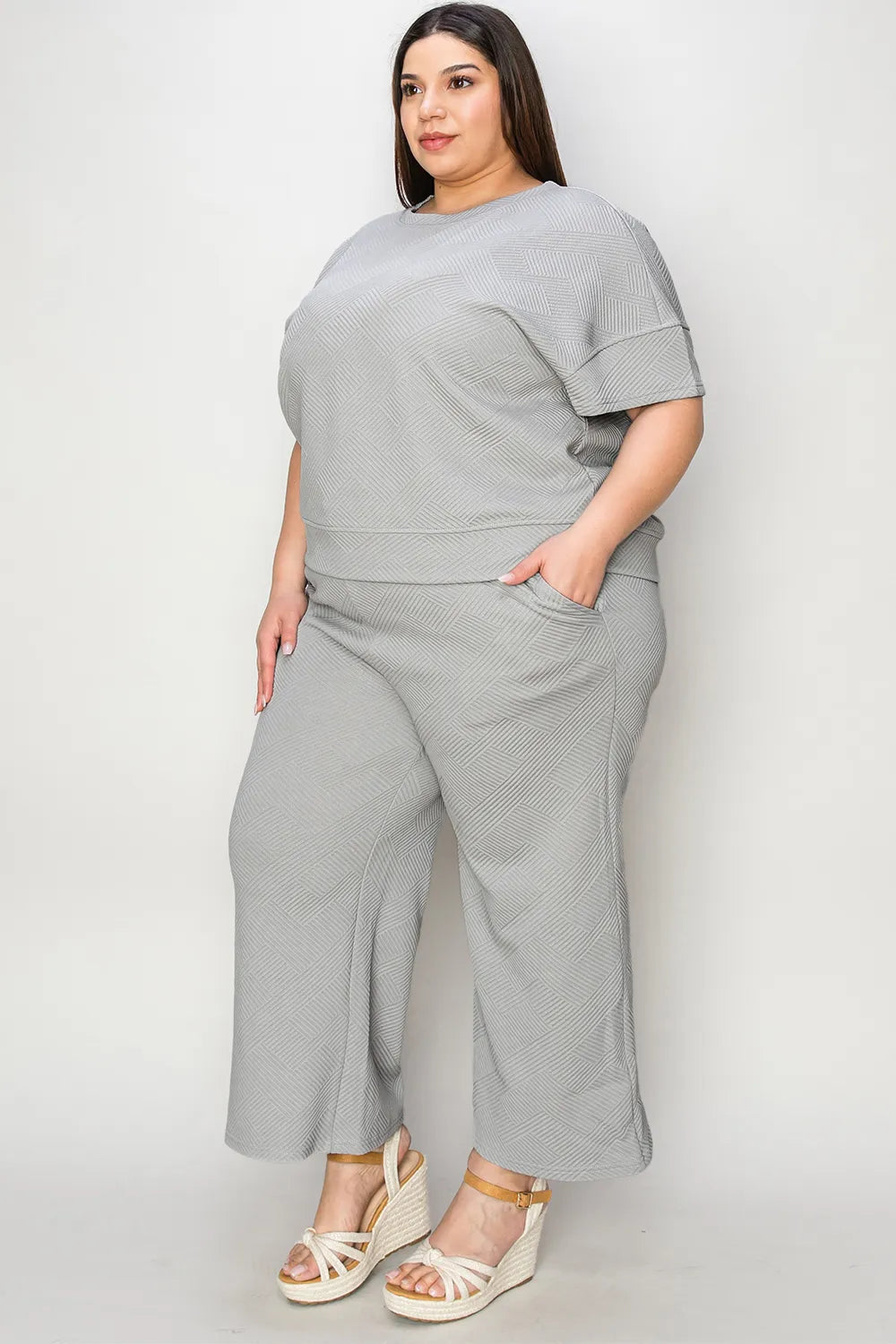 Double Take Full Size Texture Short Sleeve Top and Pants Set - Modanista Fashion
