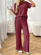 Ribbed Knit Short Sleeve Top and Pants Lounge Set - Modanista Fashion