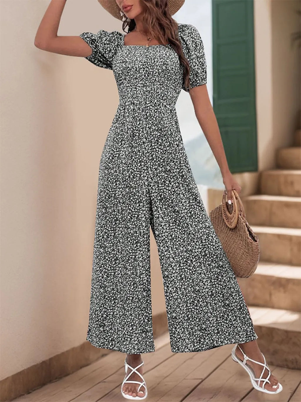 Printed Square Neck Puff Sleeve Jumpsuit - Modanista Fashion