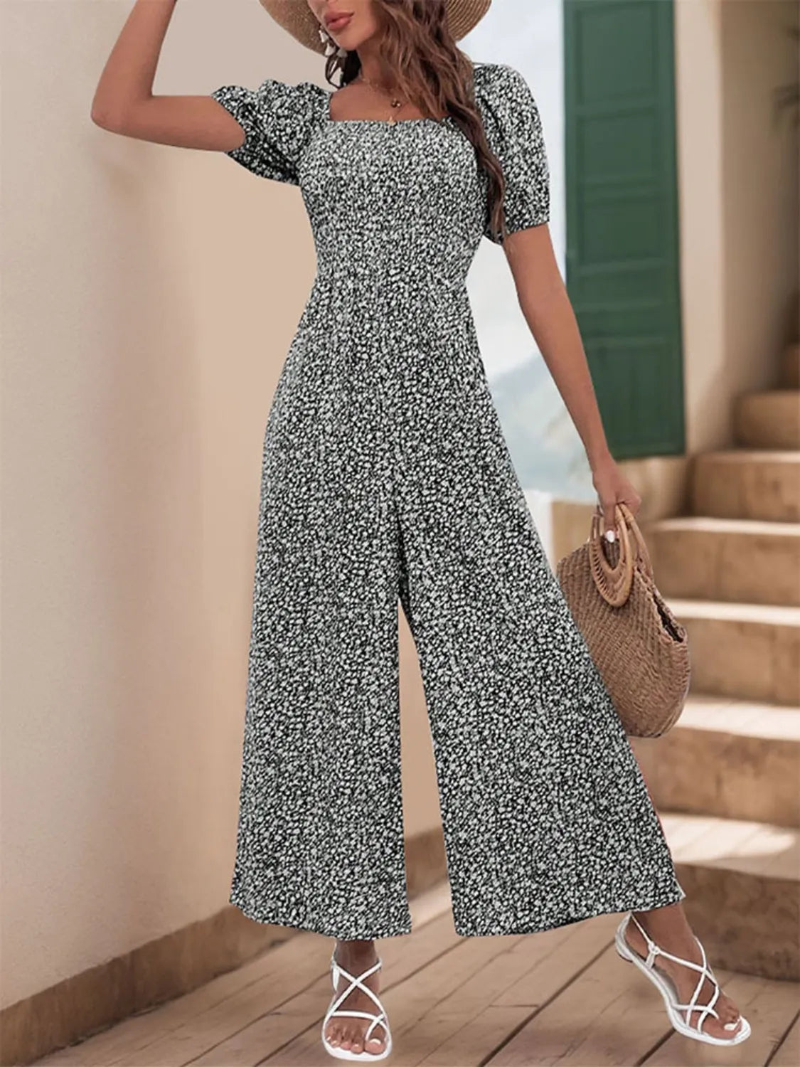 Printed Square Neck Puff Sleeve Jumpsuit - Modanista Fashion