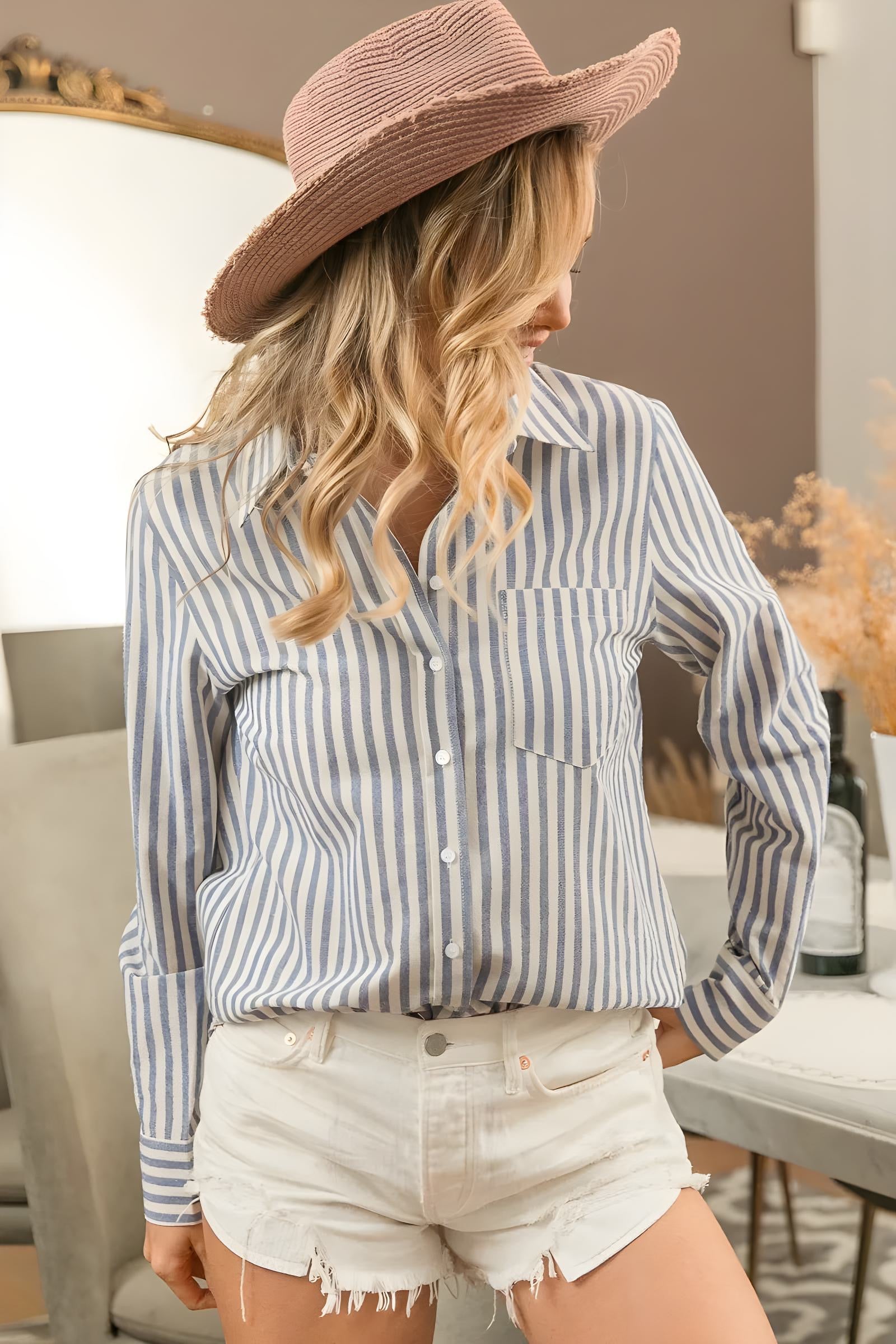 BiBi Lurex Linen Stripe Shirt Button Down Top