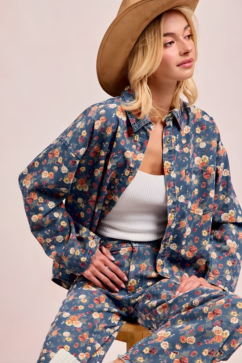 BiBi Washed Floral Print Denim Jacket for Women