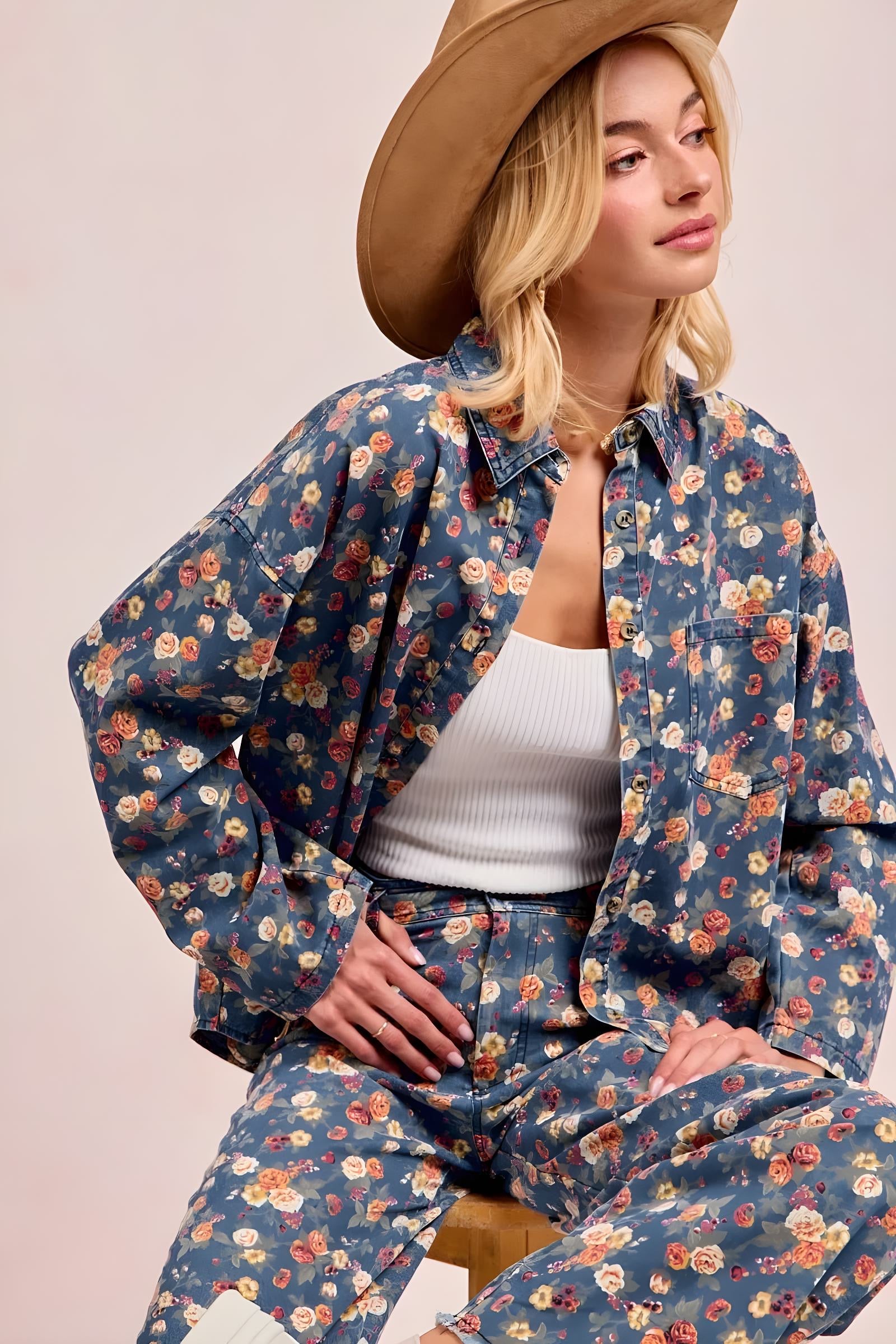 BiBi Washed Floral Print Denim Jacket for Women