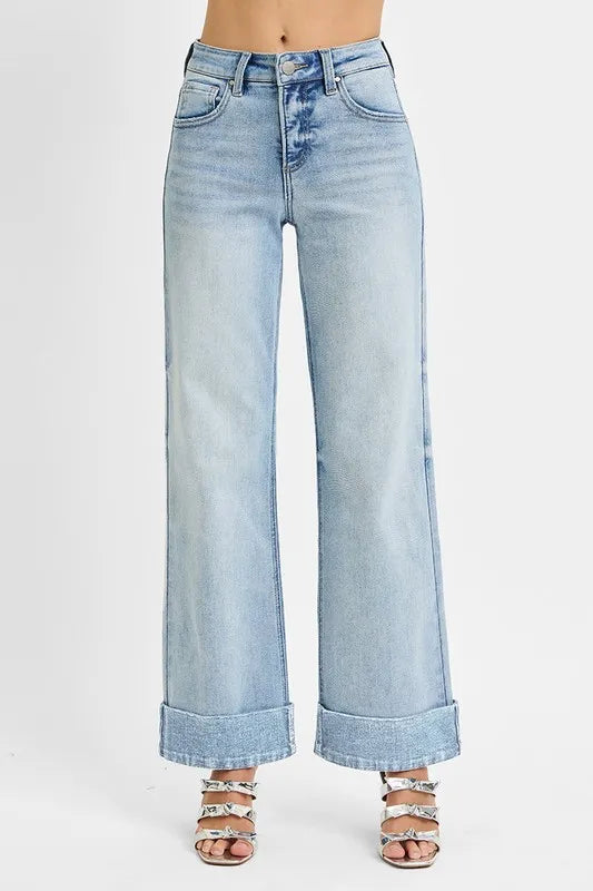 RISEN Full Size Tummy Control High Rise Ankle Wide Cuffed Jeans Plus Size - Modanista Fashion