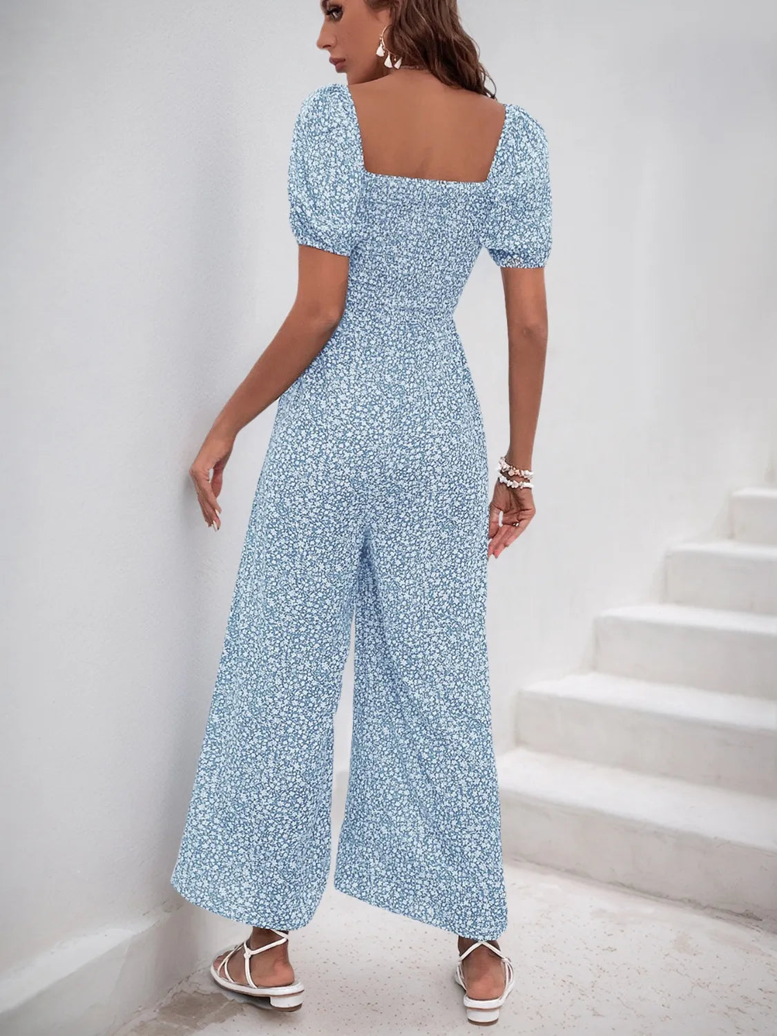 Printed Square Neck Puff Sleeve Jumpsuit - Modanista Fashion