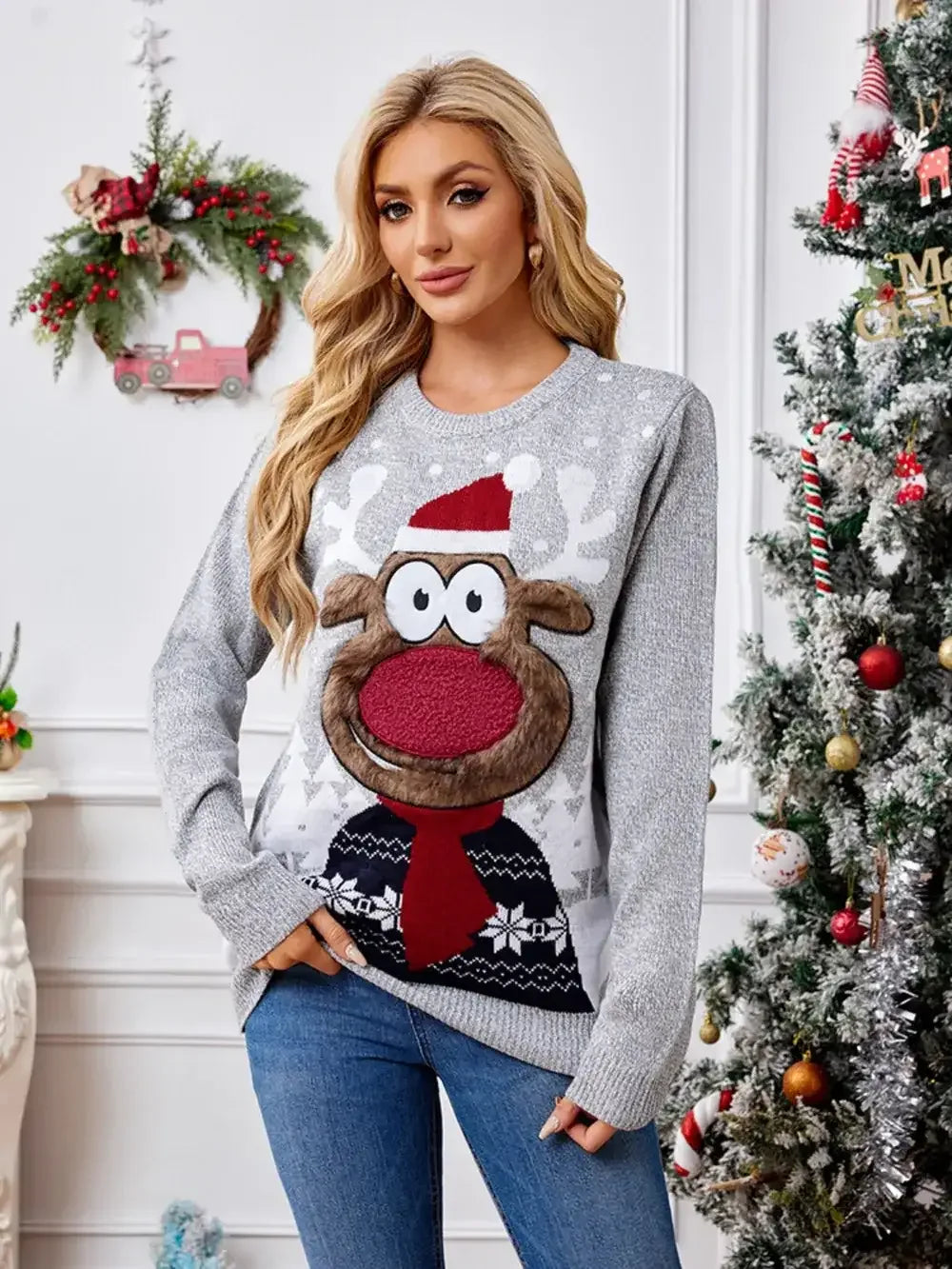 Reindeer Round Neck Long Sleeve Sweater - Modanista Fashion