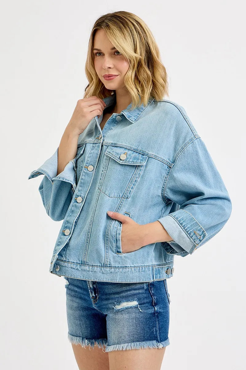 RISEN Washed Dropped Shoulder Denim Jacket - Modanista Fashion