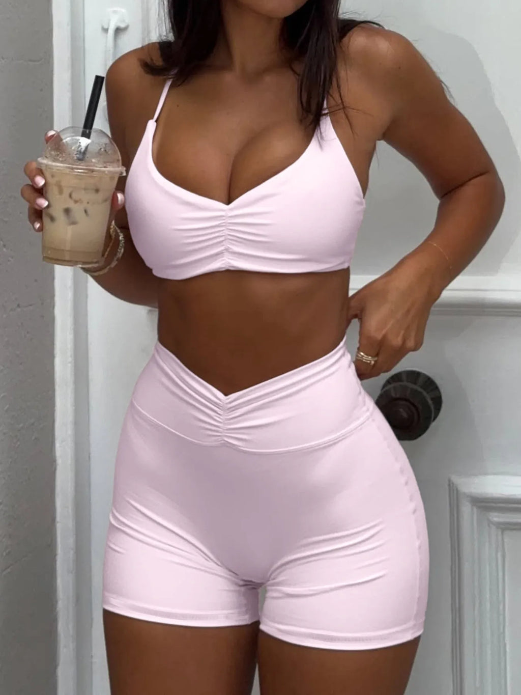 Ruched Sports Bra and High-Waisted Shorts Active Set - Modanista Fashion