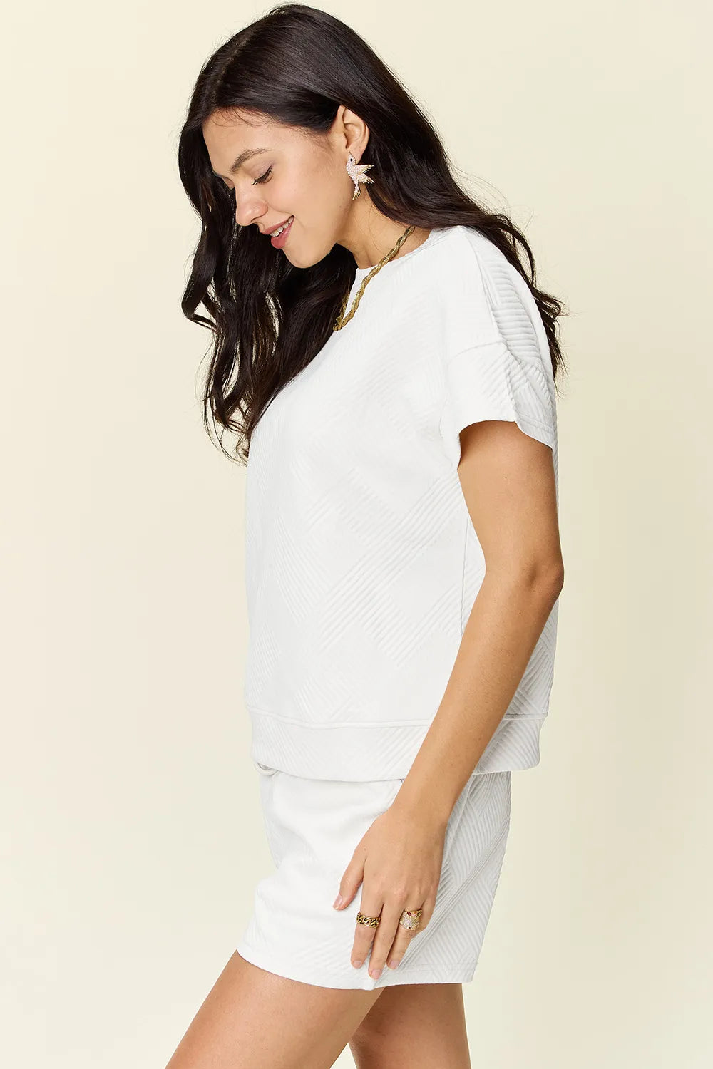 Double Take Full Size Texture Short Sleeve T-Shirt and Drawstring Shorts Set - Modanista Fashion