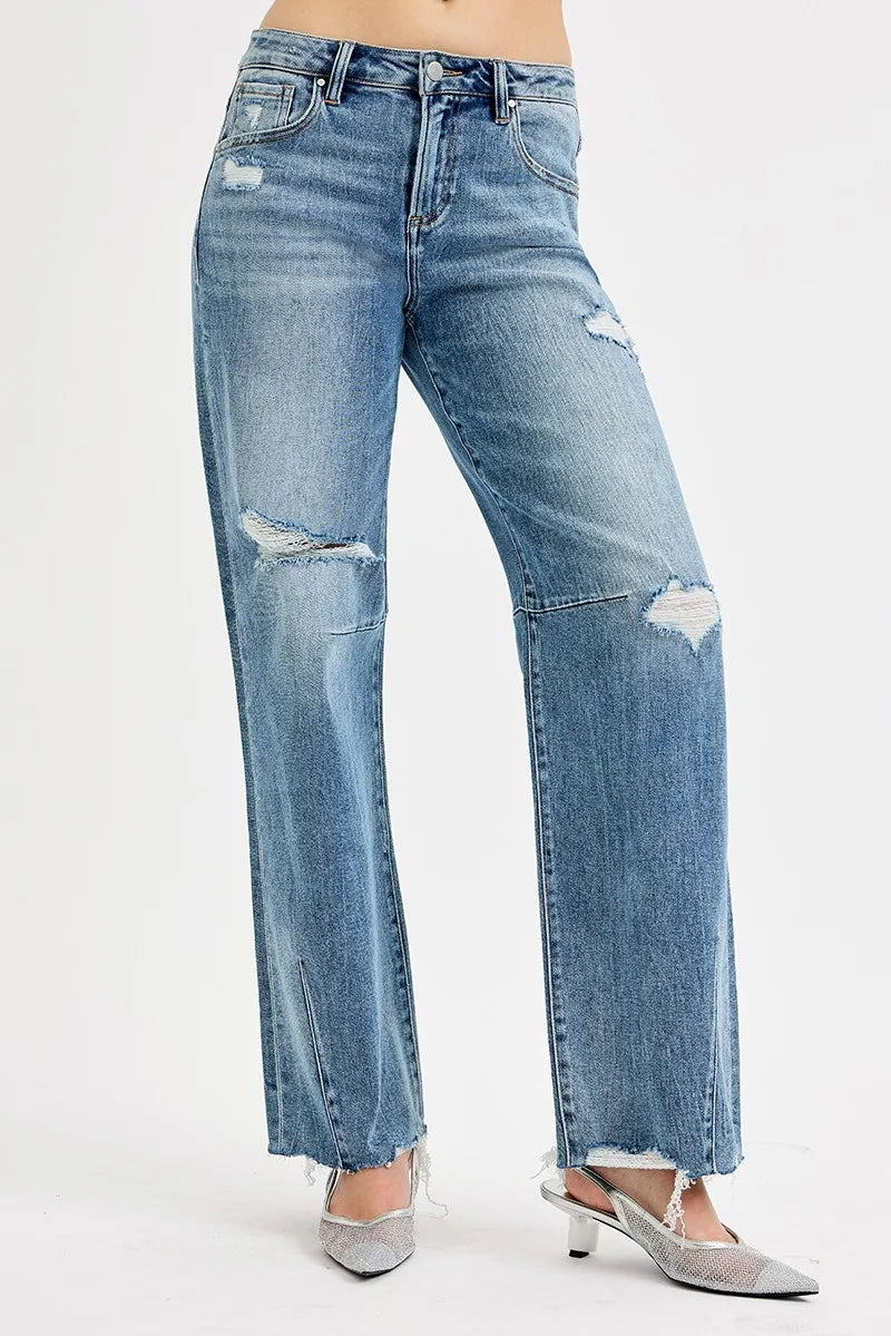 RISEN Full Size Mid Rise Fit Wide Baggy Leg Tie Washed Jeans Plus Size - Modanista Fashion