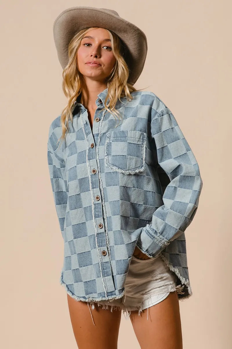 BiBi Frayed Edged Detail Washed Checker Denim Shirt - Modanista Fashion