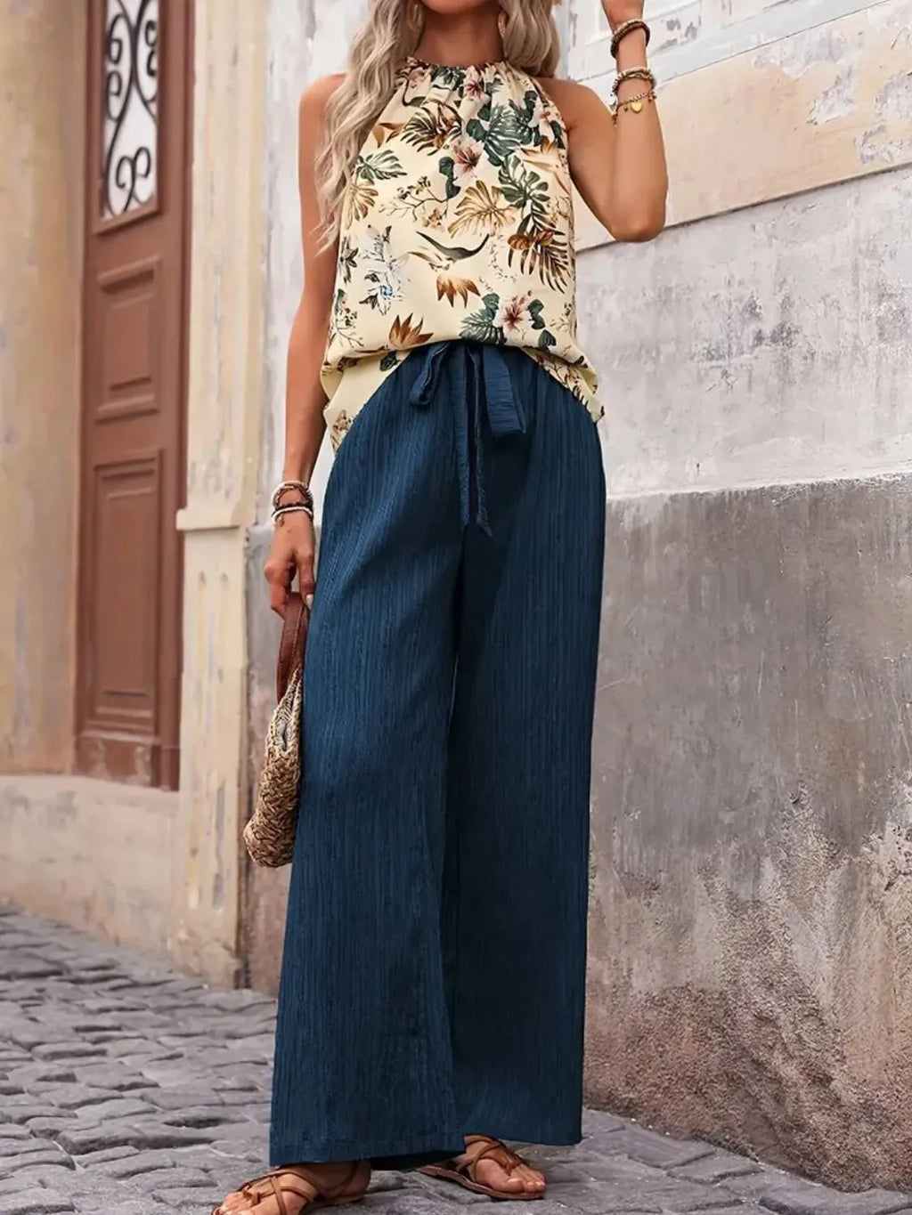 Printed Tank Top and Wide Leg Pants Set - Modanista Fashion