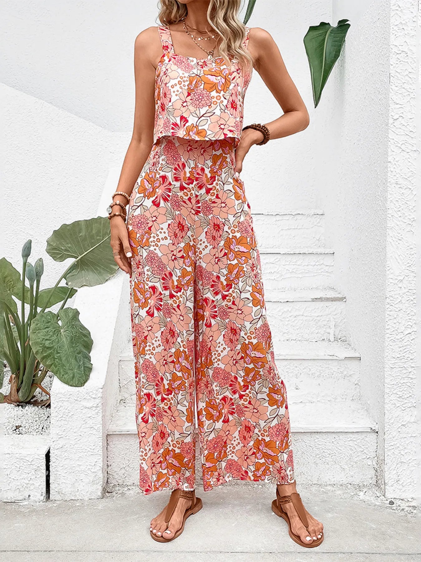 Floral Print Sleeveless Wide Leg Jumpsuit - Modanista Fashion