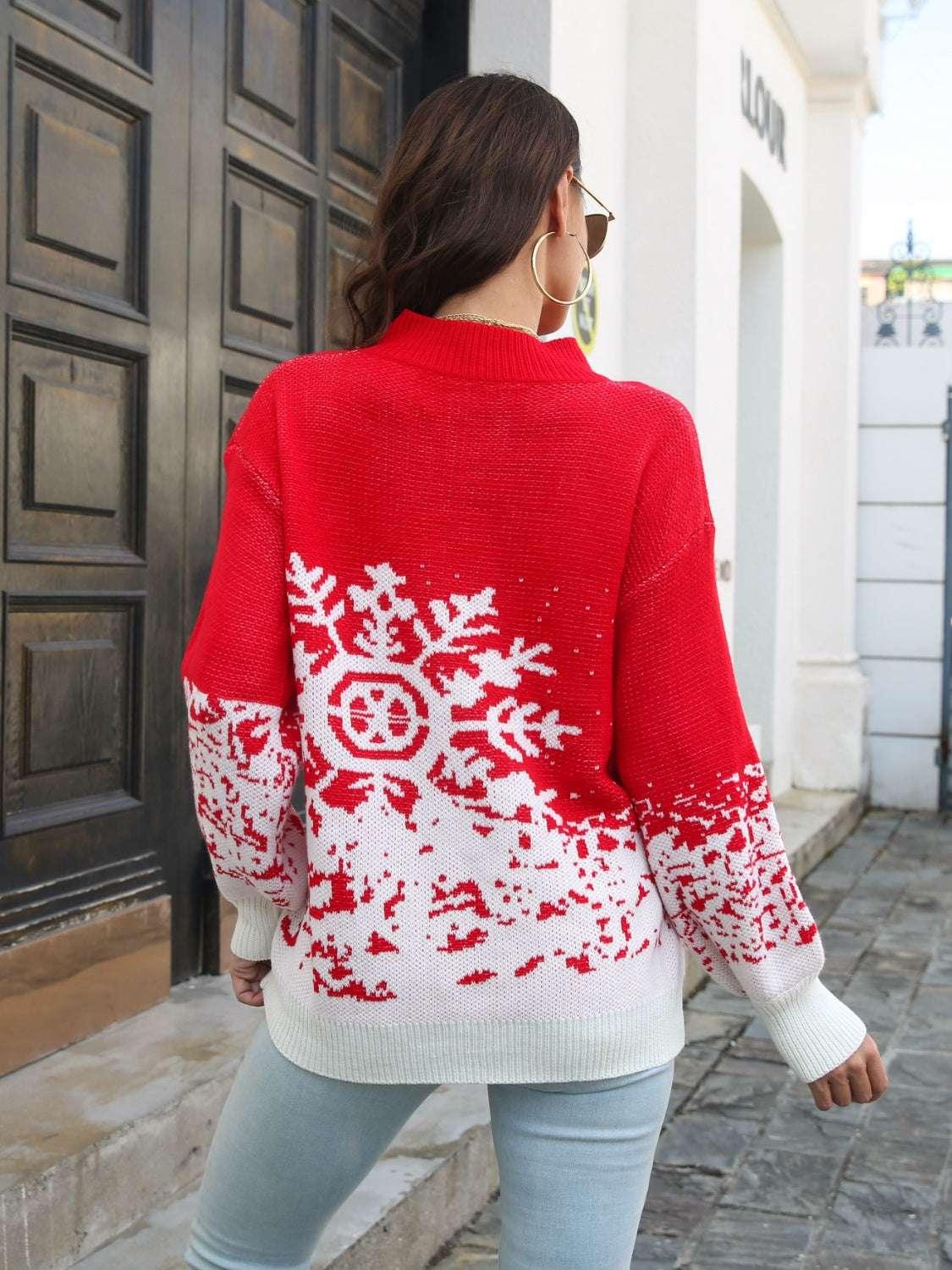 Snowflake Pattern Mock Neck Sweater - Modanista Fashion