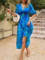 Midi -jurk met gedrukte puff mouw