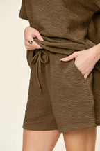 Double Take Full Size Texture Short Sleeve T-Shirt and Drawstring Shorts Set - Modanista Fashion