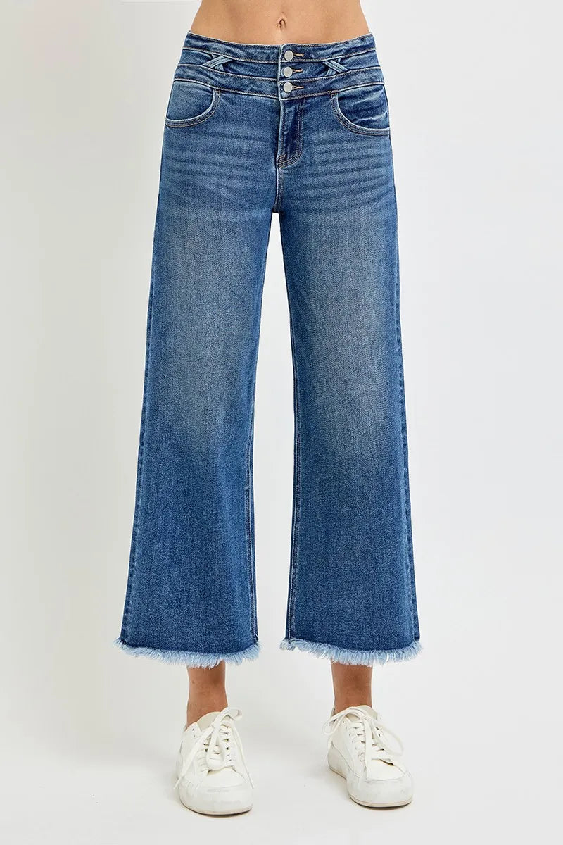 RISEN High Rise Crop Wide Leg Jeans with Wide Band Detail - Modanista Fashion