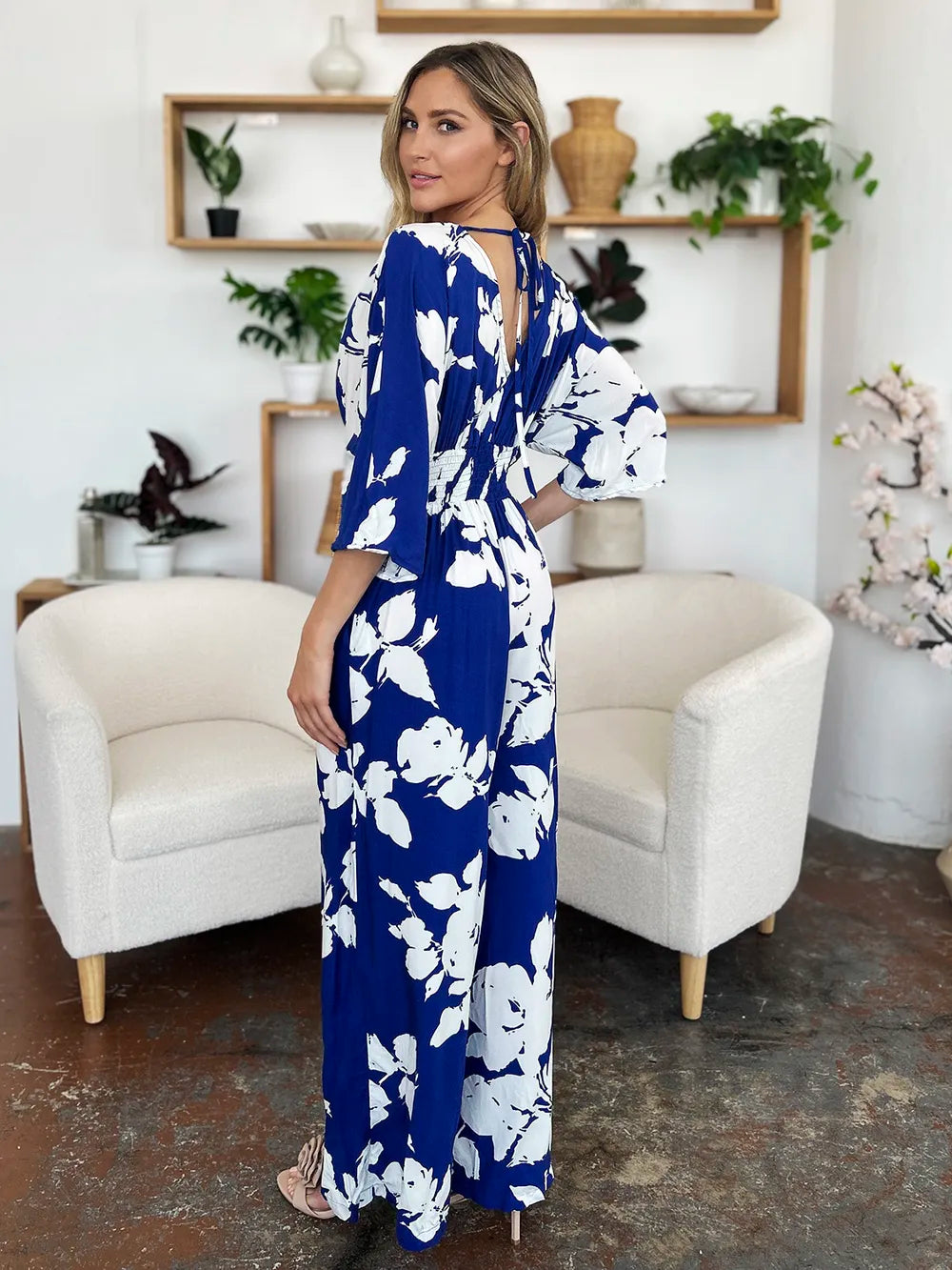 Double Take Full Size Printed Tie Back Wide Leg Jumpsuit - Modanista Fashion