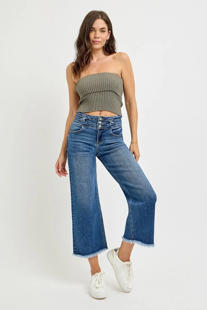 RISEN High Rise Crop Wide Leg Jeans with Wide Band Detail - Modanista Fashion