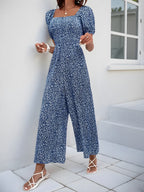 Tryckt fyrkantig nacke puffhylsa jumpsuit