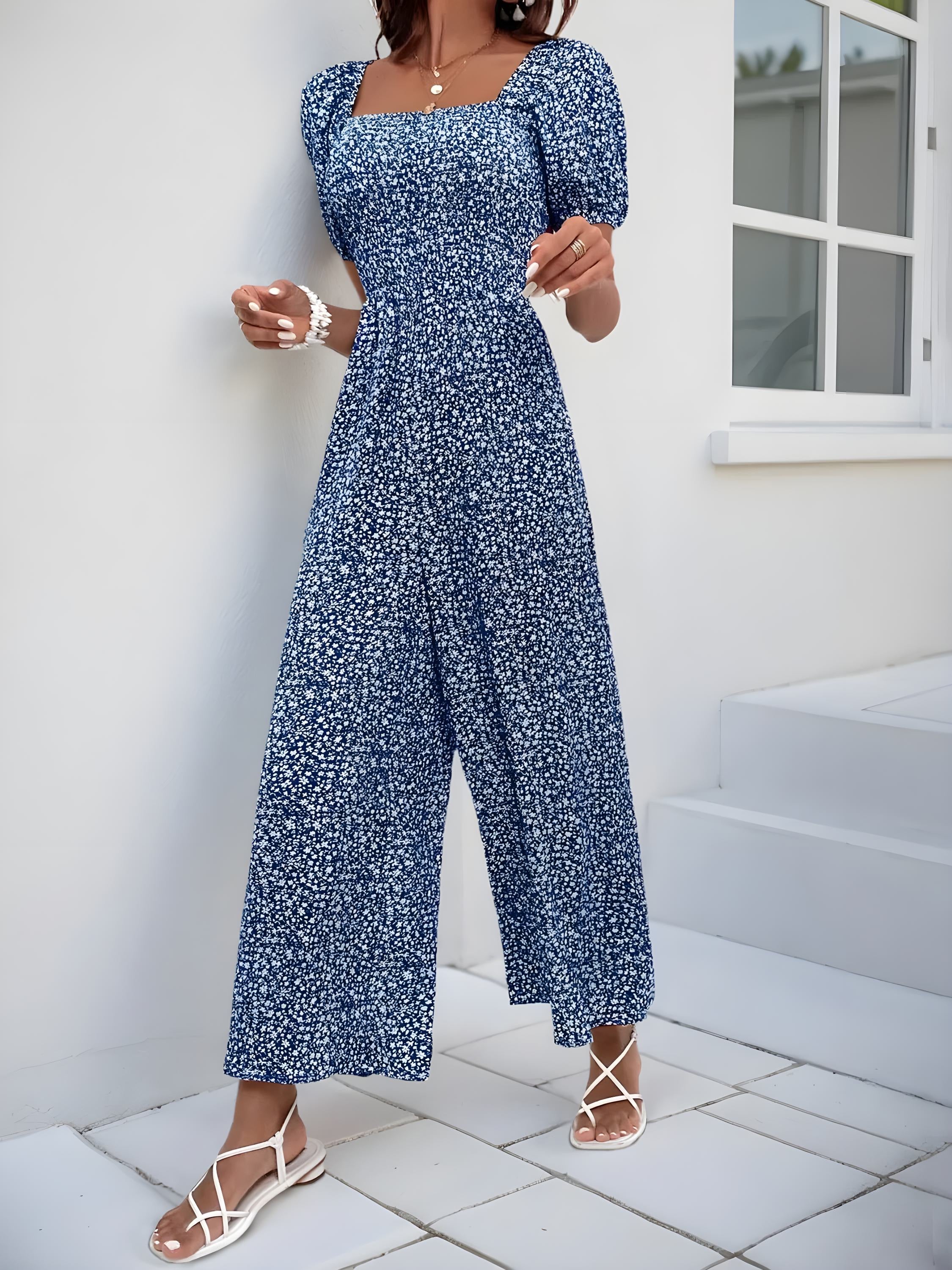Tryckt fyrkantig nacke puffhylsa jumpsuit