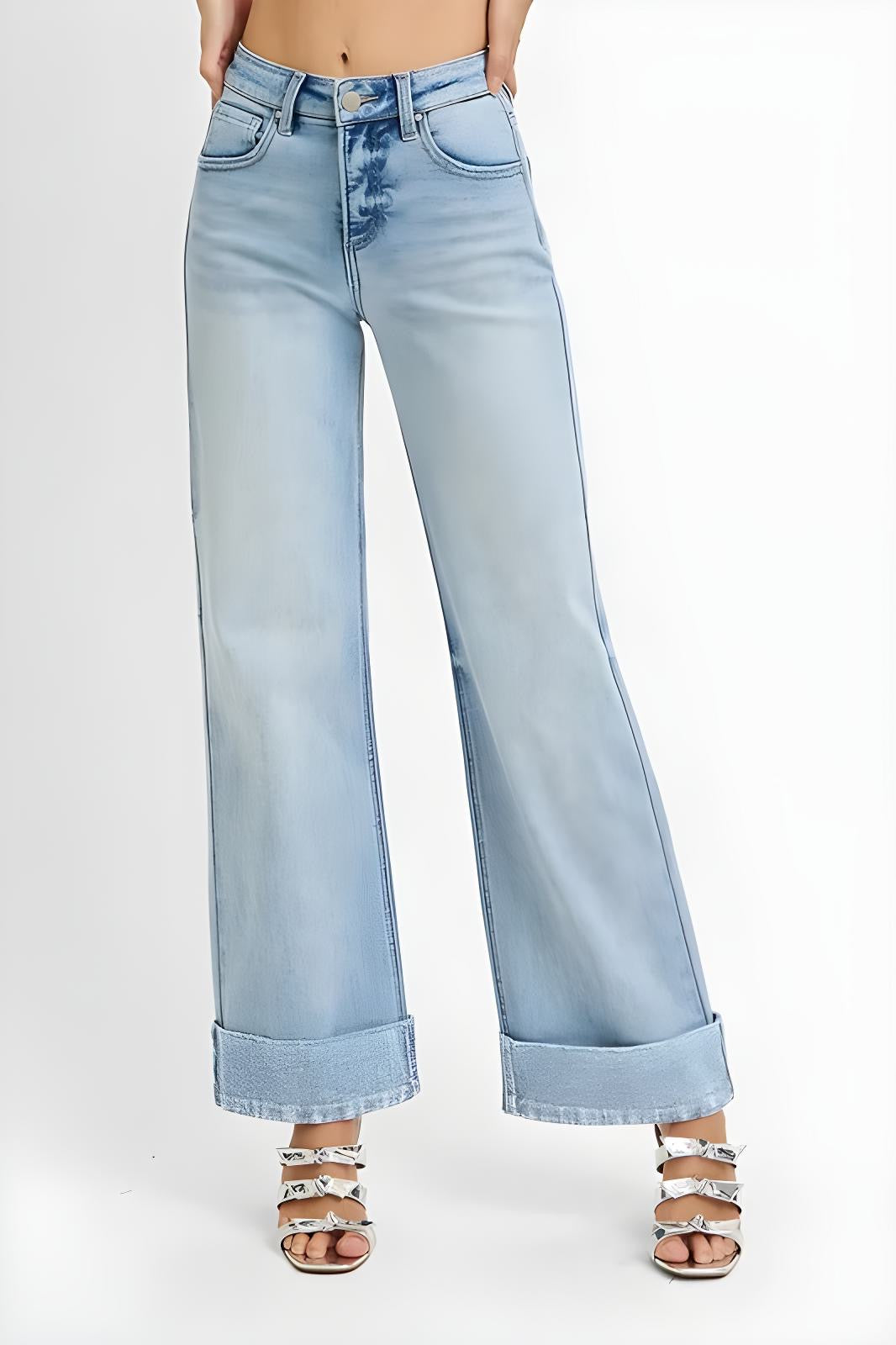 Jeans RISEN a vita alta con controllo pancia, lunghezza alla caviglia, risvolto largo, taglie comode