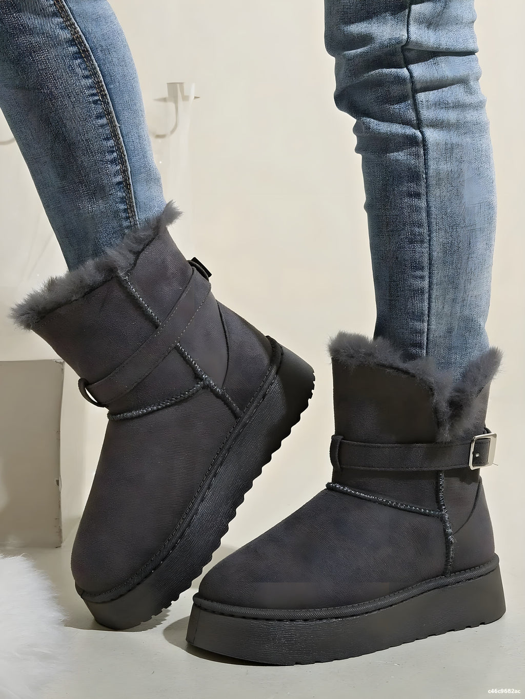 Fur Lining Ankle Boots with Buckle Strap