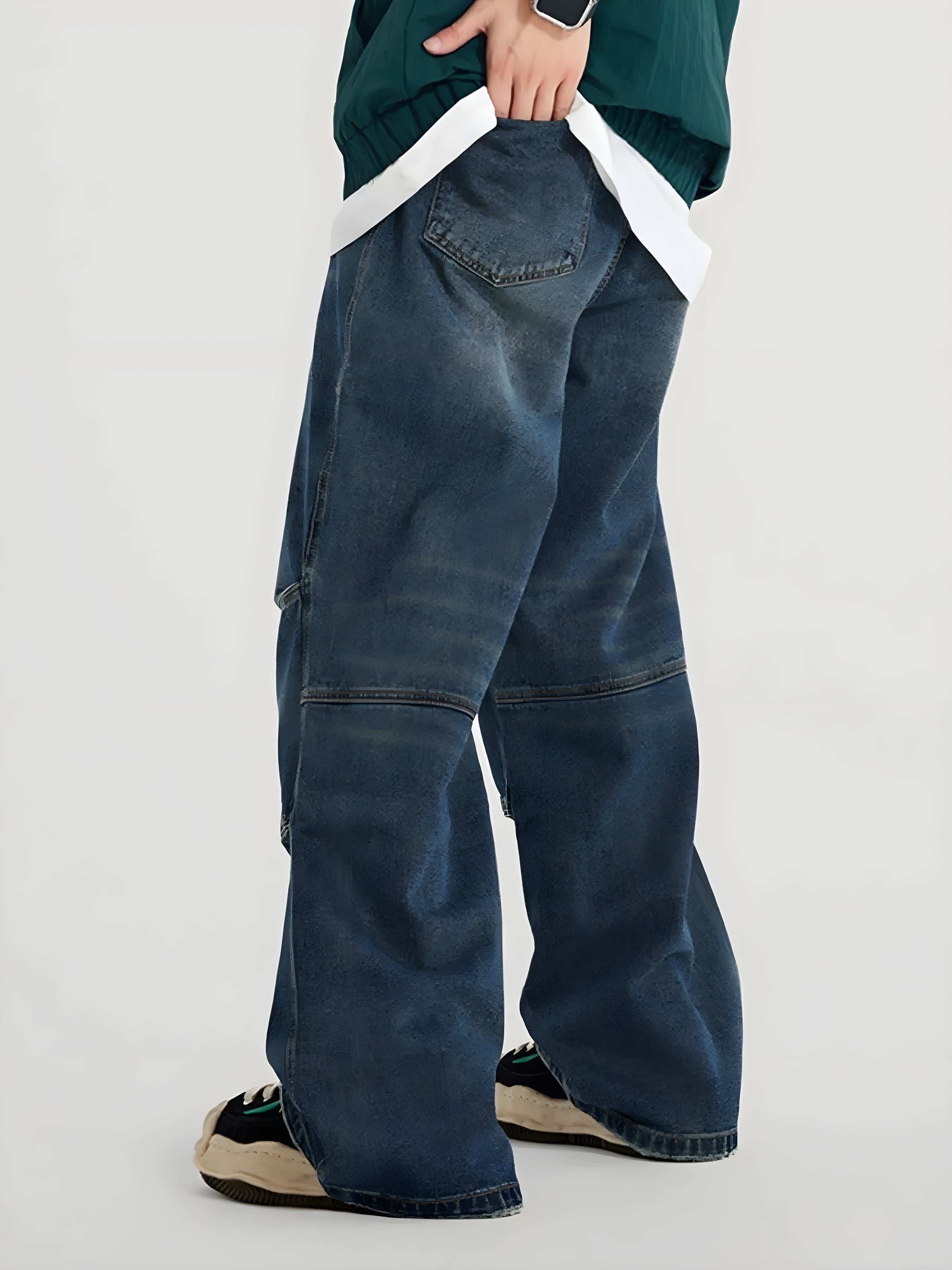 Men’s Vintage Wide-Leg Utility Jeans with Multi-Panel Design
