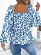 Floral Square Neck Flounce Sleeve Blouse for Women