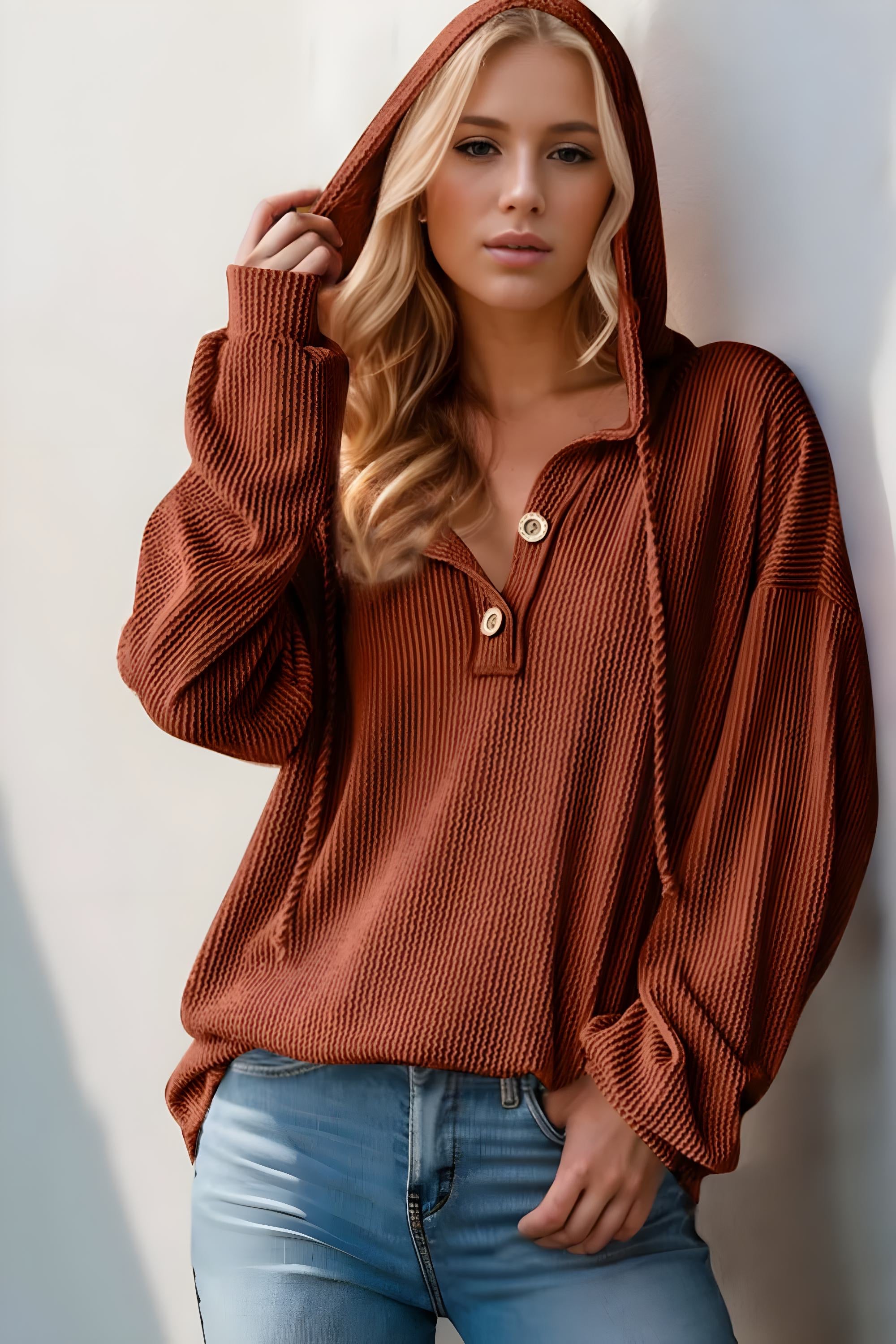 Çift, tam boy yarım düğme uzun kollu kapüşon