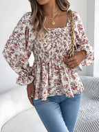 Floral Square Neck Flounce Sleeve Blouse for Women