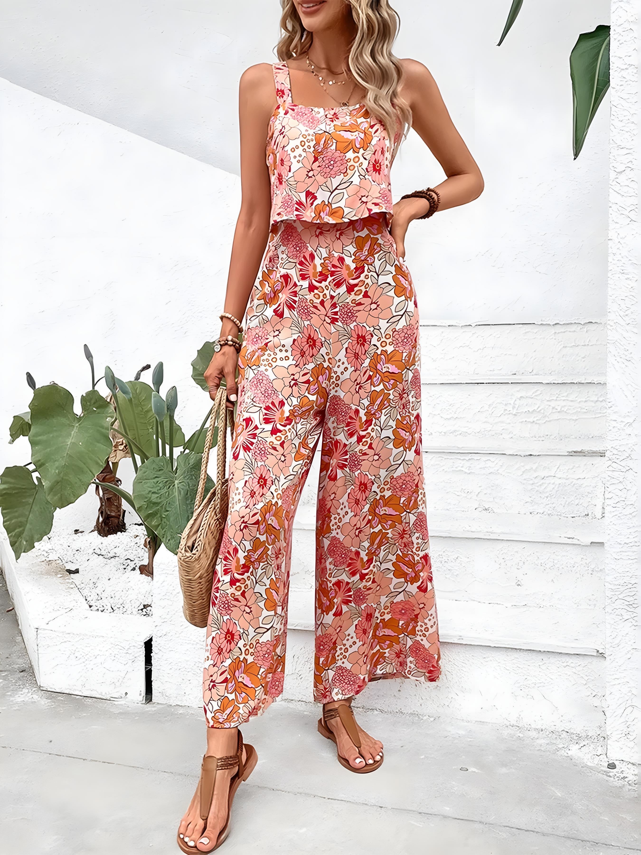 フローラルプリント ノースリーブ ワイドレッグ ジャンプスーツ