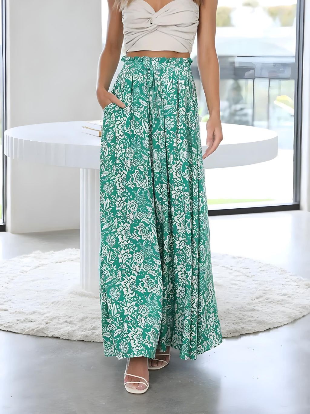 Šňůrkový pasový pasový pas vytištěné široké nohy kalhoty